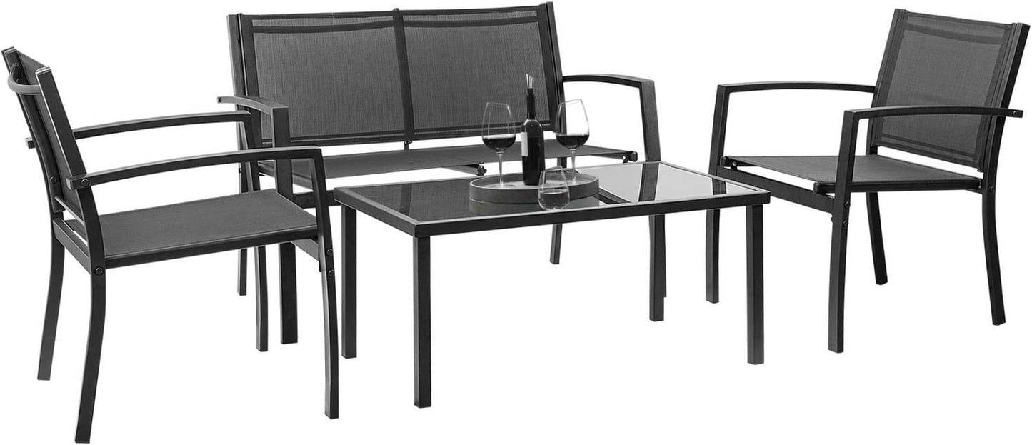 Outdoor Furniture Set 4 Piece Patio Conversation Sets Porch Furniture with Lawn Chairs & Glass Coffee Table for Garden Poolside (Black)