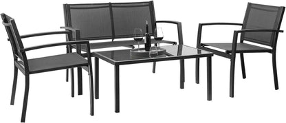 Outdoor Furniture Set 4 Piece Patio Conversation Sets Porch Furniture with Lawn Chairs & Glass Coffee Table for Garden Poolside (Black)