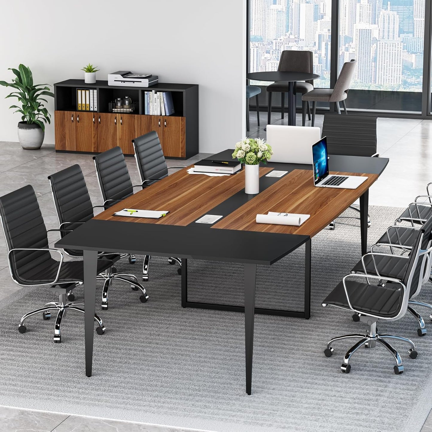 8FT Conference Table, 94.48L X 47.24W X 29.52H Inches Boat Shaped Meeting Table with Rectangle Grommet, Modern Seminar Boardroom Table for Office Conference Room (8Ft, Walnut & Black)