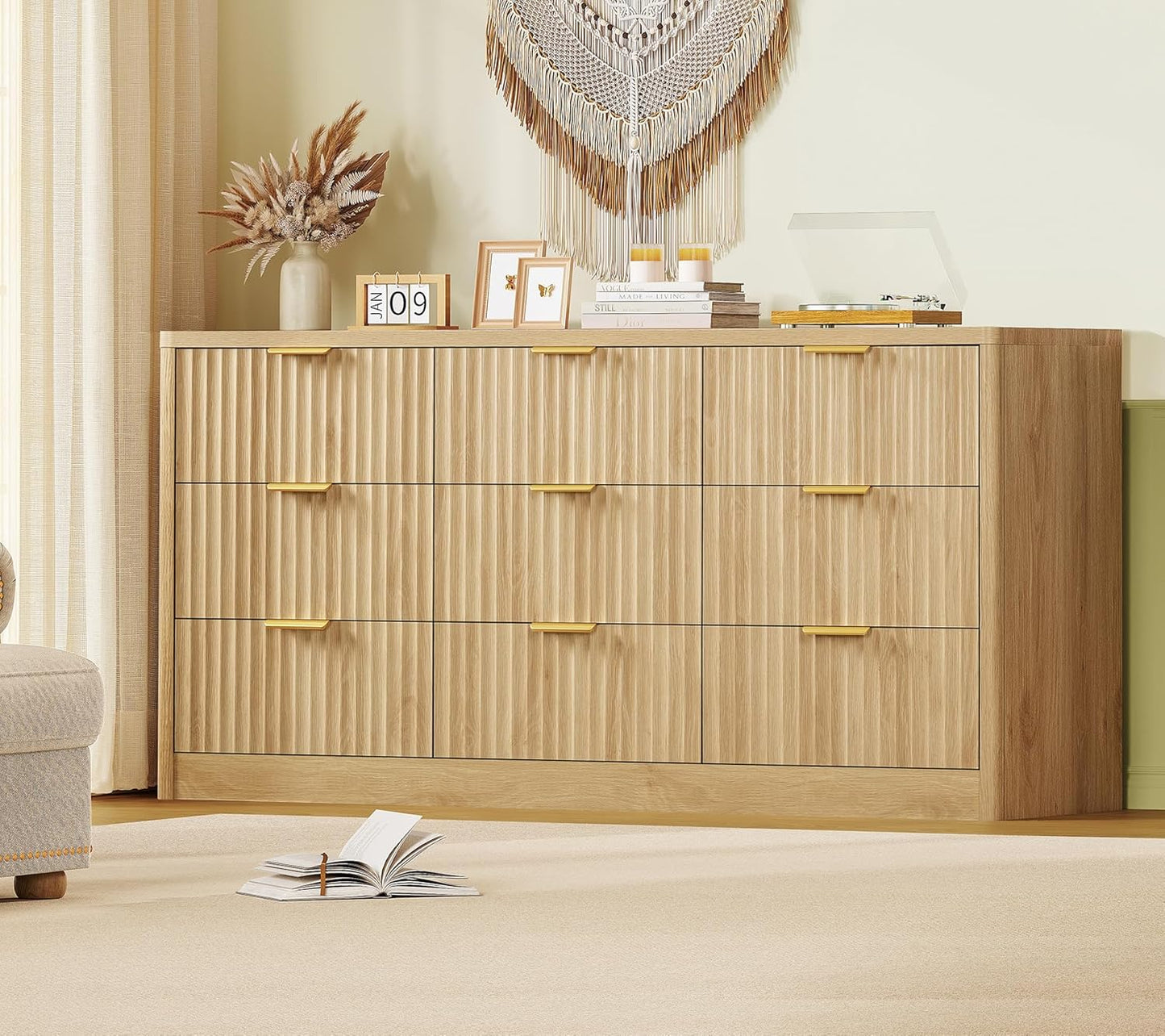 Fluted Dresser for Bedroom with 9 Drawers, 63" Wide Modern Chest of Drawers with Metal Handle & Curved Profile Design, Wood Closet Clothes Storage Organizer for Living Room, Hallway, Natural