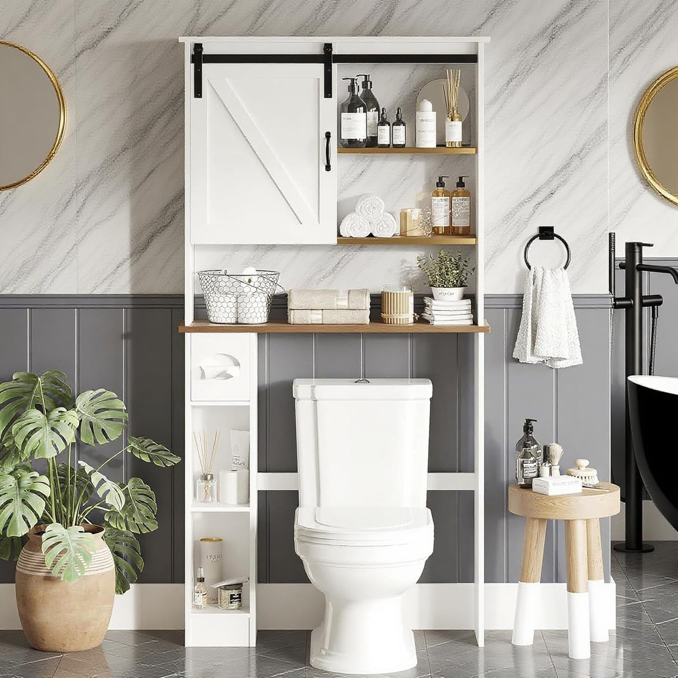 Over the Toilet Storage Cabinet with Barn Doors and Toilet Paper Stand, Tall Freestanding Bathroom Cabinet with Open Shelves, Space Saver Storage over Toilet Organizer for Restroom, White