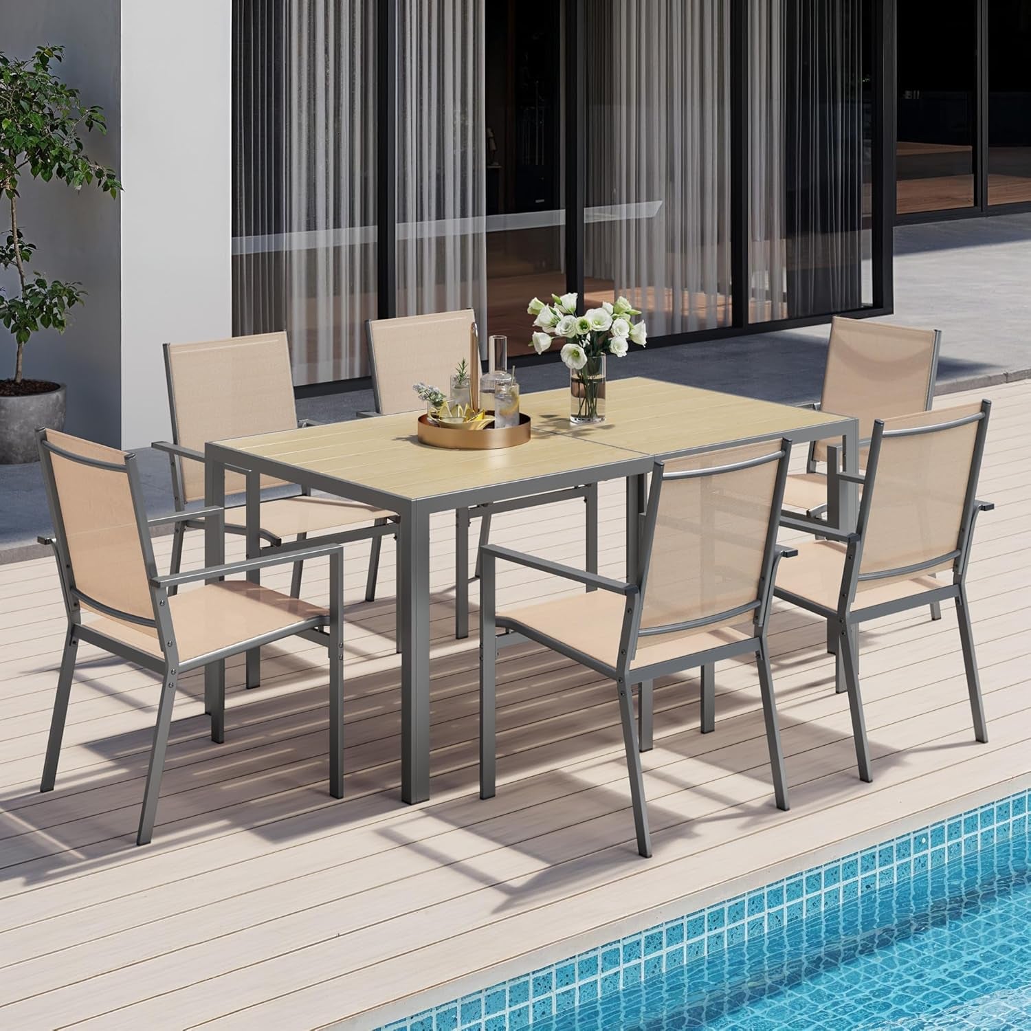 Patio Table and Chairs Set for 6, Outdoor Dining Set Includes 59.5" Rectangle Patio Table with Side Umbrella Hole and 6 Textilene Fabric Patio Chairs for Backyard, Courtyard, Poolside, Brown