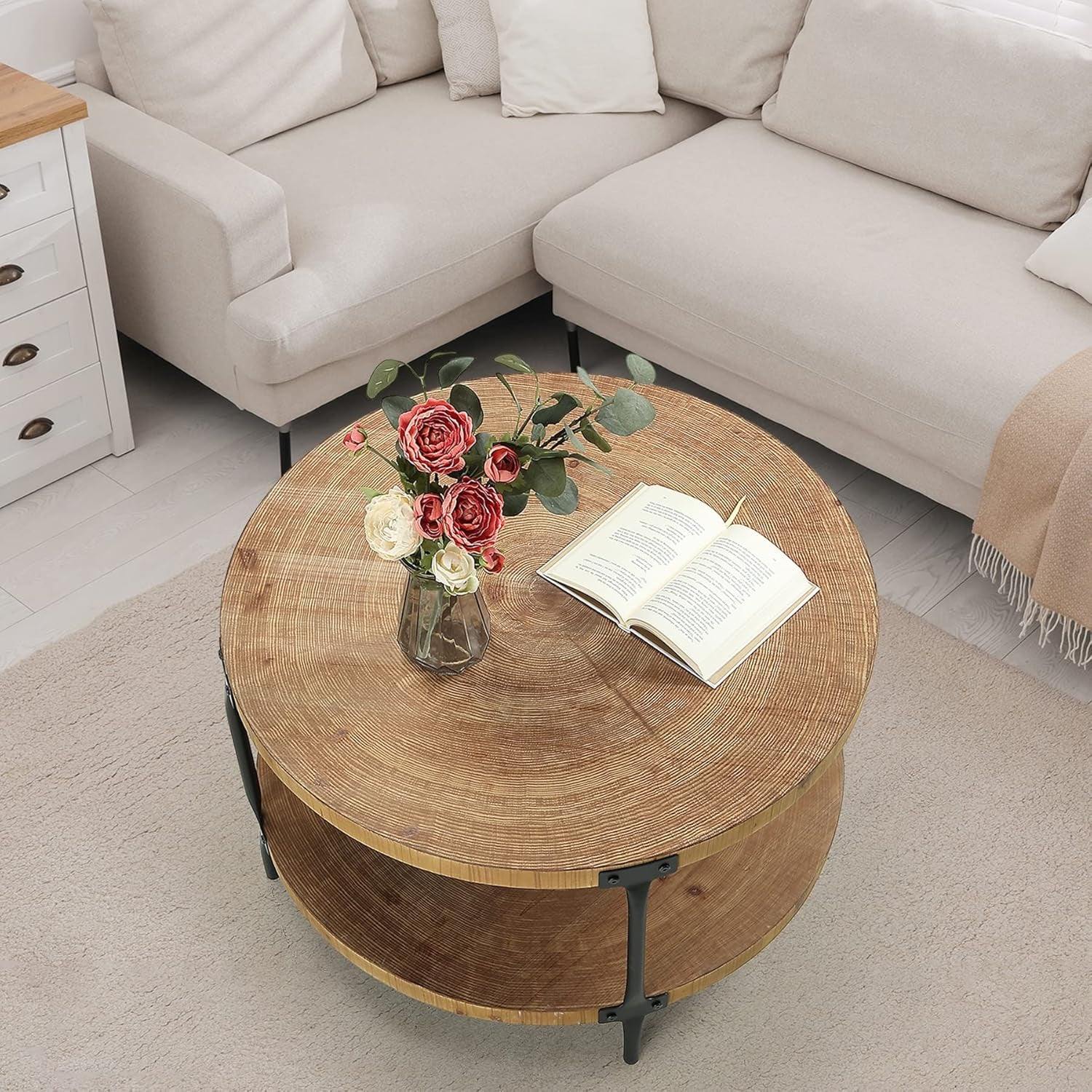 Round Boho Wood Coffee Table - 29.1" Farmhouse Natural Circle Wooden 2-Tier Coffee Tables Living Room Furniture, 29.1" D X 18.3" H, Natural Wood Color