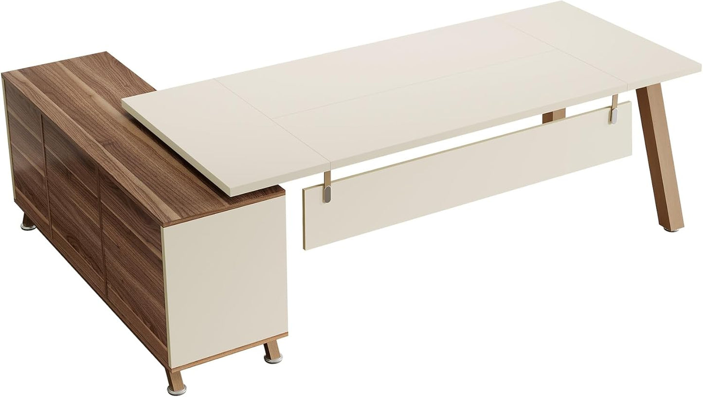 78.7" L-Shaped Executive Desk, Modern Office Desk with File Drawers & Storage Shelves, Large Computer Desk with 55-Inch Cabinet, Business Workstation for Home Office, Beige & Walnut
