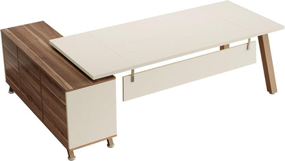 78.7" L-Shaped Executive Desk, Modern Office Desk with File Drawers & Storage Shelves, Large Computer Desk with 55-Inch Cabinet, Business Workstation for Home Office, Beige & Walnut