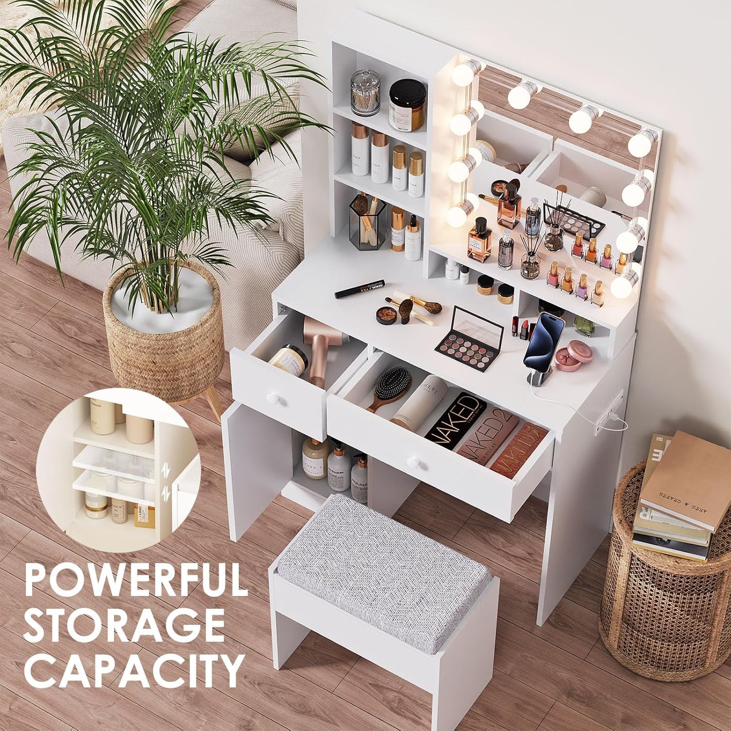 Vanity Desk with Mirror and Lights & Power Outlet, 31.5" Small Makeup Vanity Table with 4 Drawers and Stool for Bedroom, White