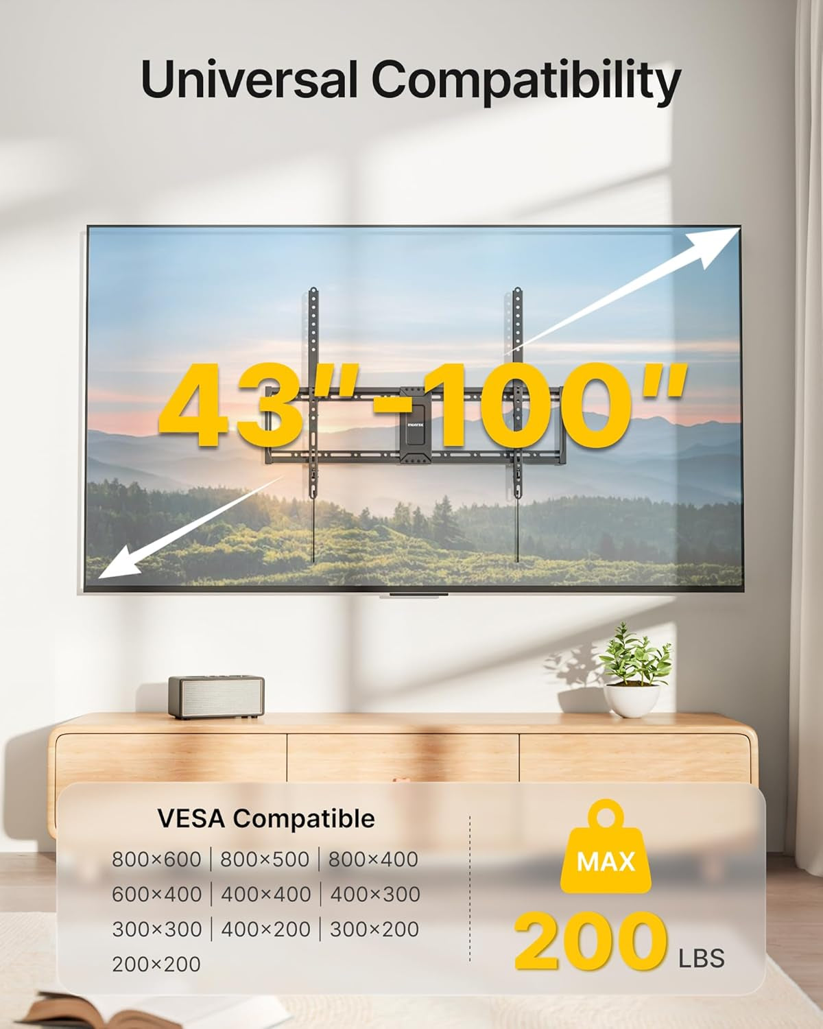 Heavy Duty Fixed TV Wall Mount for 43–100 Inch Tvs up to 200 Lbs, 1.2" Ultra Slim Low Profile Wall Mount Bracket, Max VESA 800X600Mm, Fits 16"/18"/24" Wood Studs, Secure Space-Saving Design