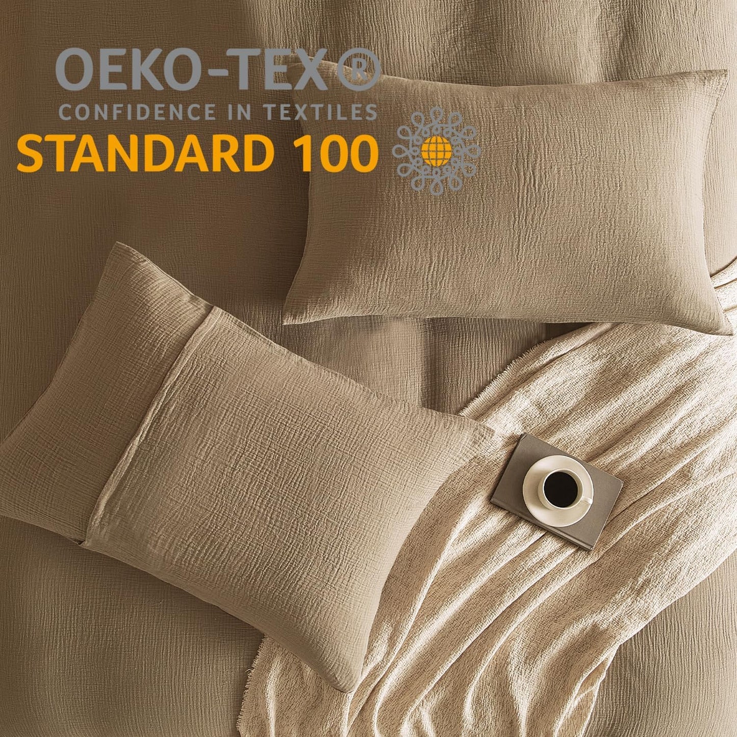 Muslin Pillowcases King Size 100% Cotton, 2 Pack Linen like Pillow Shams with Envelope Closure, Ultral Soft and Breathable Pillow Case Covers, Light Brown, 20" X 36", No Filling