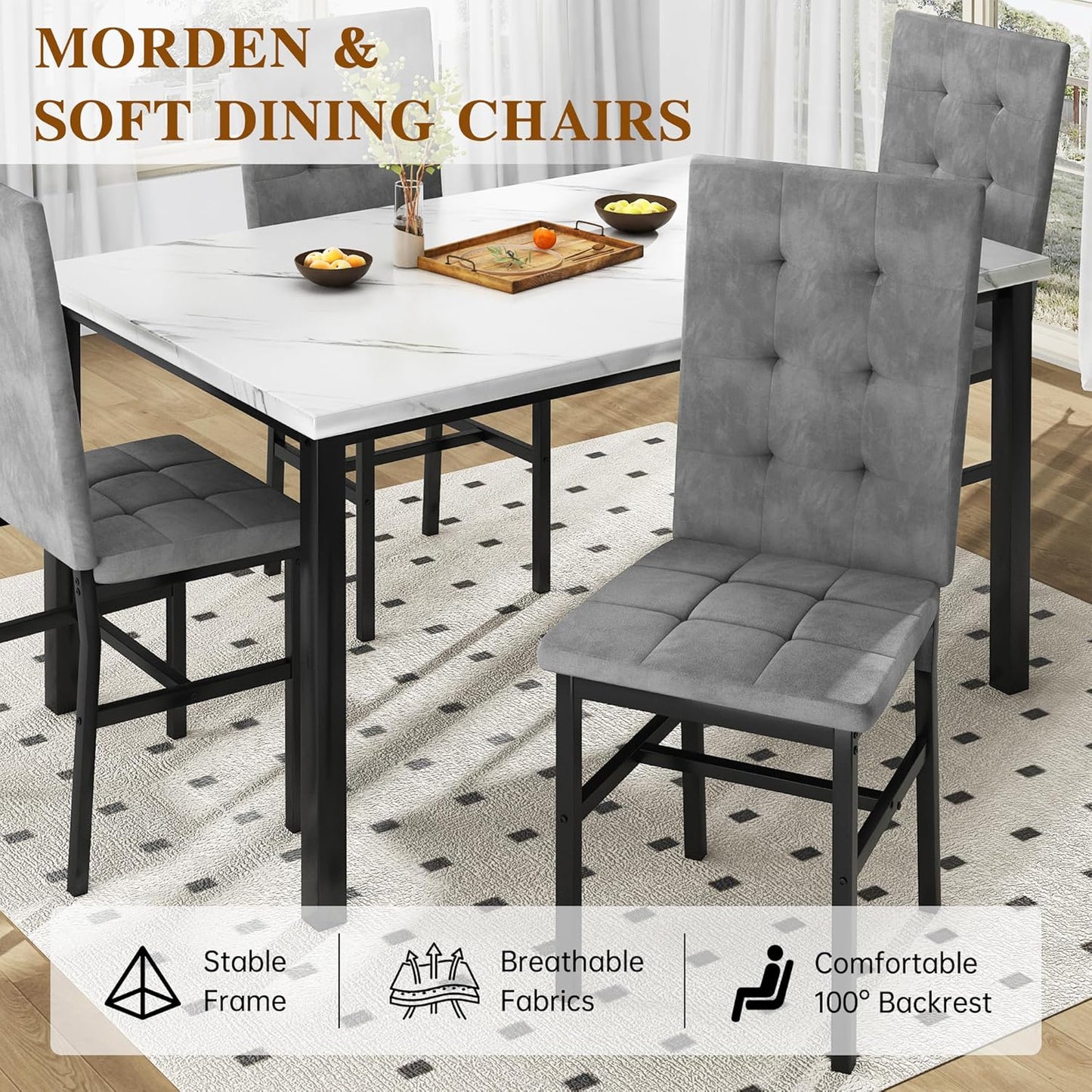 Dining Table Set for 4,Faux Marble Kitchen Table and Chairs Set of 4, Modern Dining Room Set for 4,Dinner Table Set with Velvet Chairs, Dining Set for Small Spaces,White & Grey