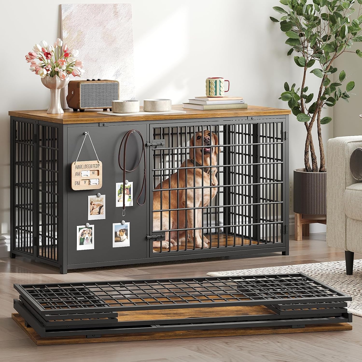 Foldable Dog Crate Furniture, 47.2" Dog Crate with DIY Frame, Heavy Duty Dog Kennel Indoor with Hooks, Wooden Dog Cage End Table, for Small/Medium/Large Dogs, Rustic Brown DC120BR