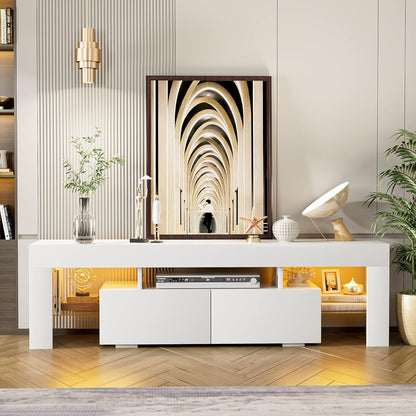 TV Stand with LED Lights, Modern Entertainment Center Media and Open Shelf Console Table Storage Desk with 1 Drawer and Remote Control 20 Color LED Lights up to 70 Inch TV (White)