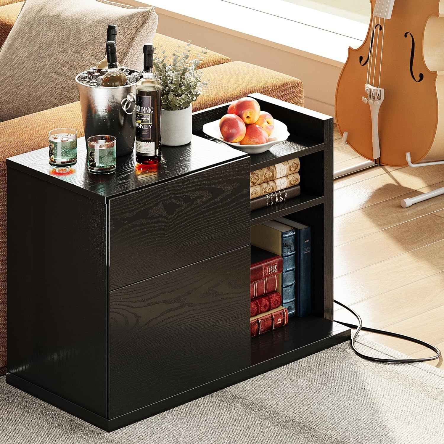 Black Night Stand with Shelves, Charging Station & LED, 2 Drawer Wooden Bedside Table Record Player Stand for Bedroom, Entryway, Large