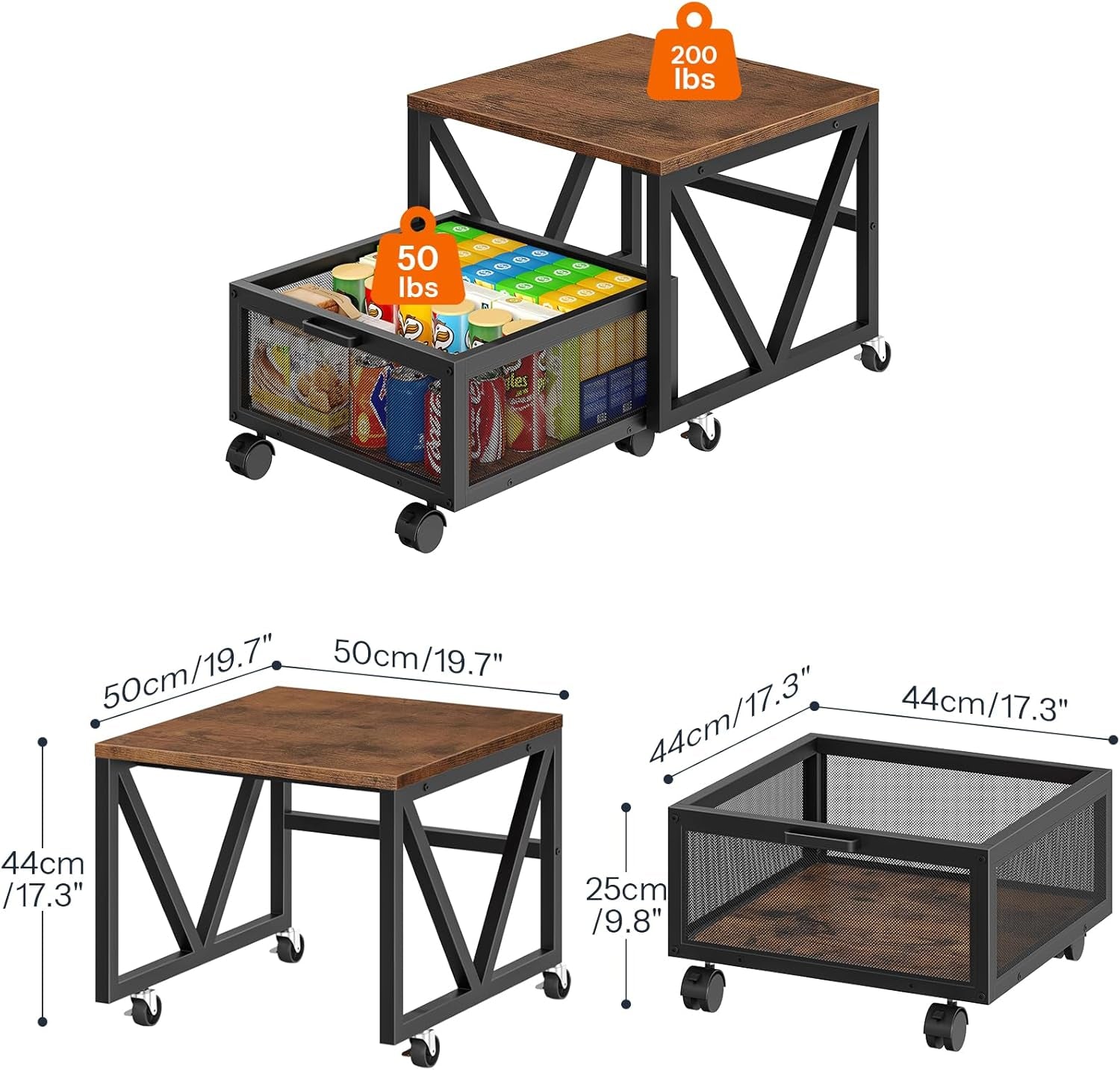 Mini Fridge Stand with Movable Storage Basket and Wheels, Mini Fridge Cabinet with Wheels, Sturdy Metal Frame, for Home, Office, Dorm, Rustic Brown and Black BF255TL01