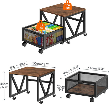 Mini Fridge Stand with Movable Storage Basket and Wheels, Mini Fridge Cabinet with Wheels, Sturdy Metal Frame, for Home, Office, Dorm, Rustic Brown and Black BF255TL01