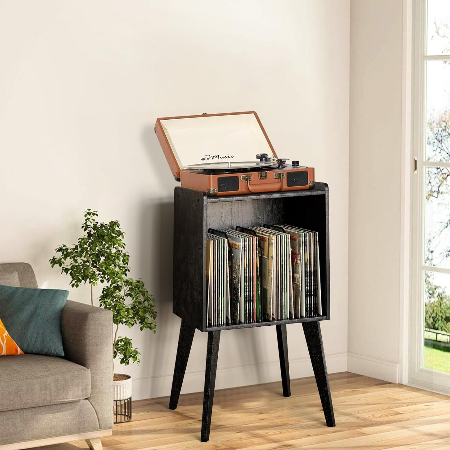 Record Player Stand – Mid-Century Vinyl Record Storage Stand Holds up to 160 Albums, Small Space Record Player Organizer Shelf with Wood Legs, Turntable Stand for Living Room, Bedroom