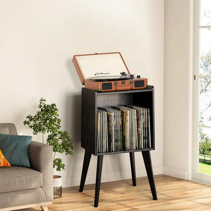 Record Player Stand – Mid-Century Vinyl Record Storage Stand Holds up to 160 Albums, Small Space Record Player Organizer Shelf with Wood Legs, Turntable Stand for Living Room, Bedroom