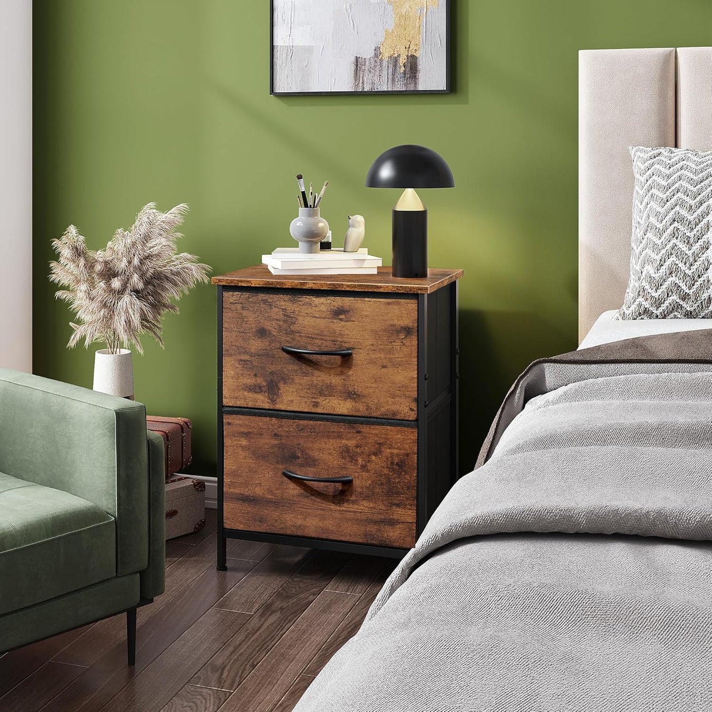 Night Stand, Small 2 Drawer Dresser, Nightstand with Fabric Bins for Bedroom, Closet, Dorm, Rustic Brown Wood Grain Print, 11.8" D X 15.7" W X 20.9" H