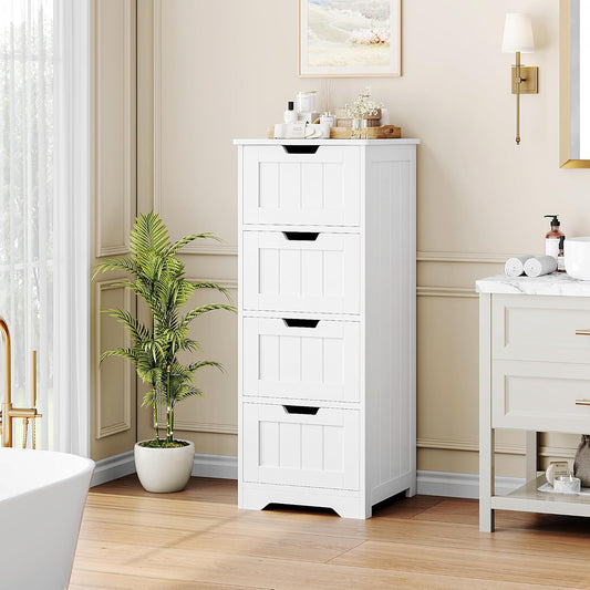 Bathroom Storage Cabinet, Bathroom Cabinet with 4 Drawers, 11.8” X 11.8” X 32.5” Freestanding Entryway Cupboard Storage Organizer Unit Home Furniture Decor, White