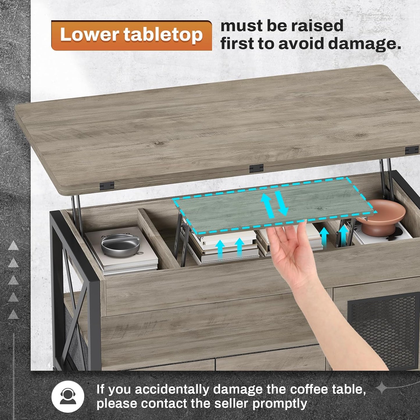 40" Lift Top Coffee Table, 4 in 1 Coffee Tables with Storage Cabinet for Living Room, Small Farmhouse Coffee Table with 2 Fabric Drawers & LED Light for Dining Room, Grey
