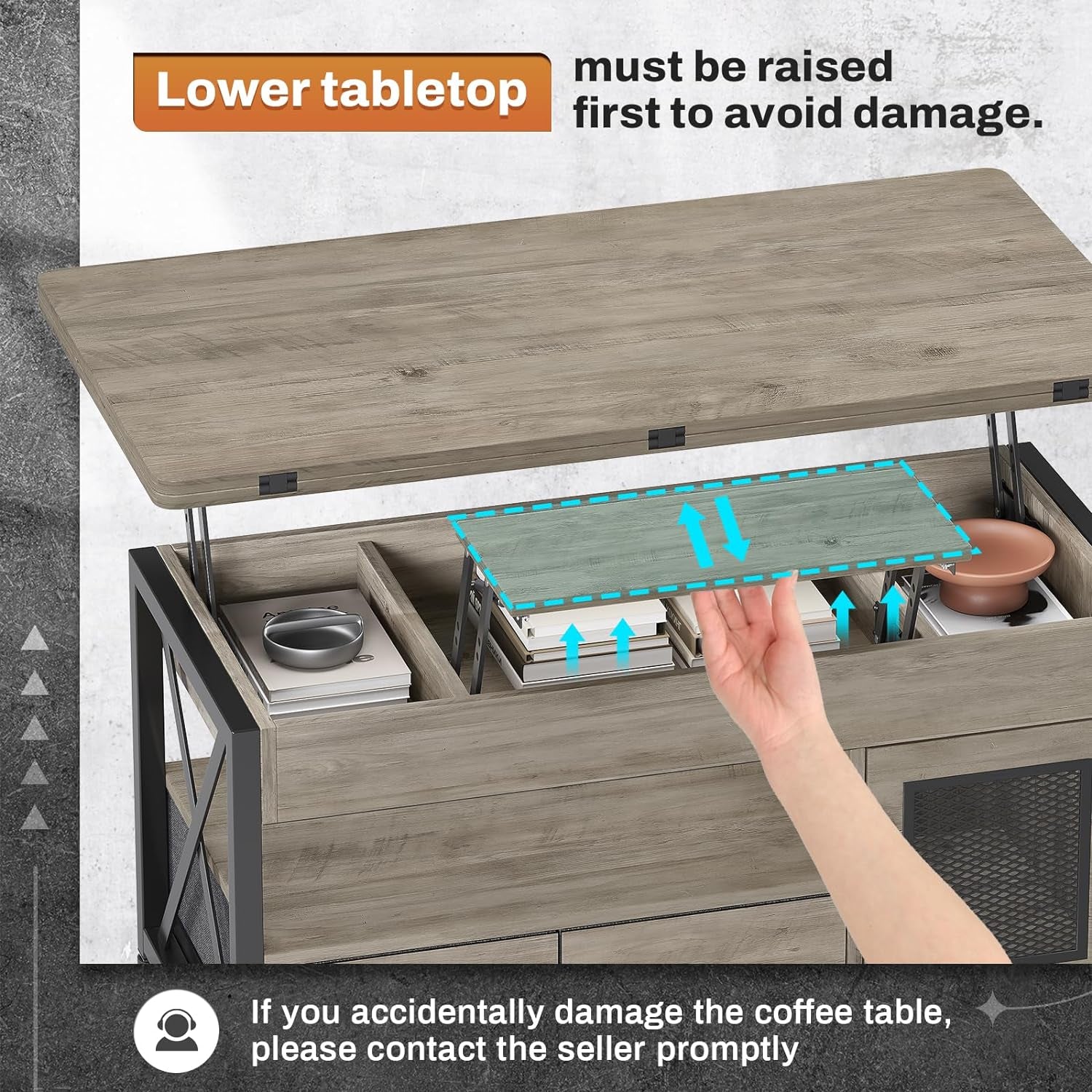 40" Lift Top Coffee Table, 4 in 1 Coffee Tables with Storage Cabinet for Living Room, Small Farmhouse Coffee Table with 2 Fabric Drawers & LED Light for Dining Room, Grey