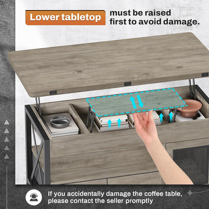 40" Lift Top Coffee Table, 4 in 1 Coffee Tables with Storage Cabinet for Living Room, Small Farmhouse Coffee Table with 2 Fabric Drawers & LED Light for Dining Room, Grey