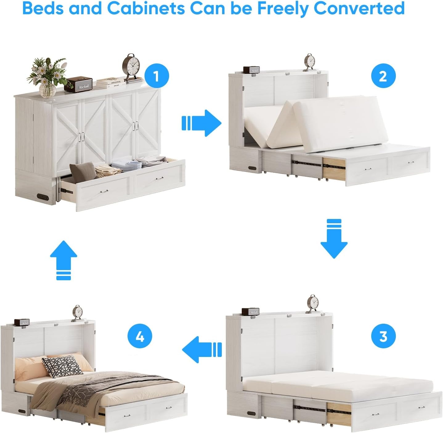 63" W Murphy Bed with Tri-Folding Mattress, Queen Cabinet Bed with Built-In Charging Station & Drawer Storage for Living Room, Apartment, Office, Home, Bedroom, White