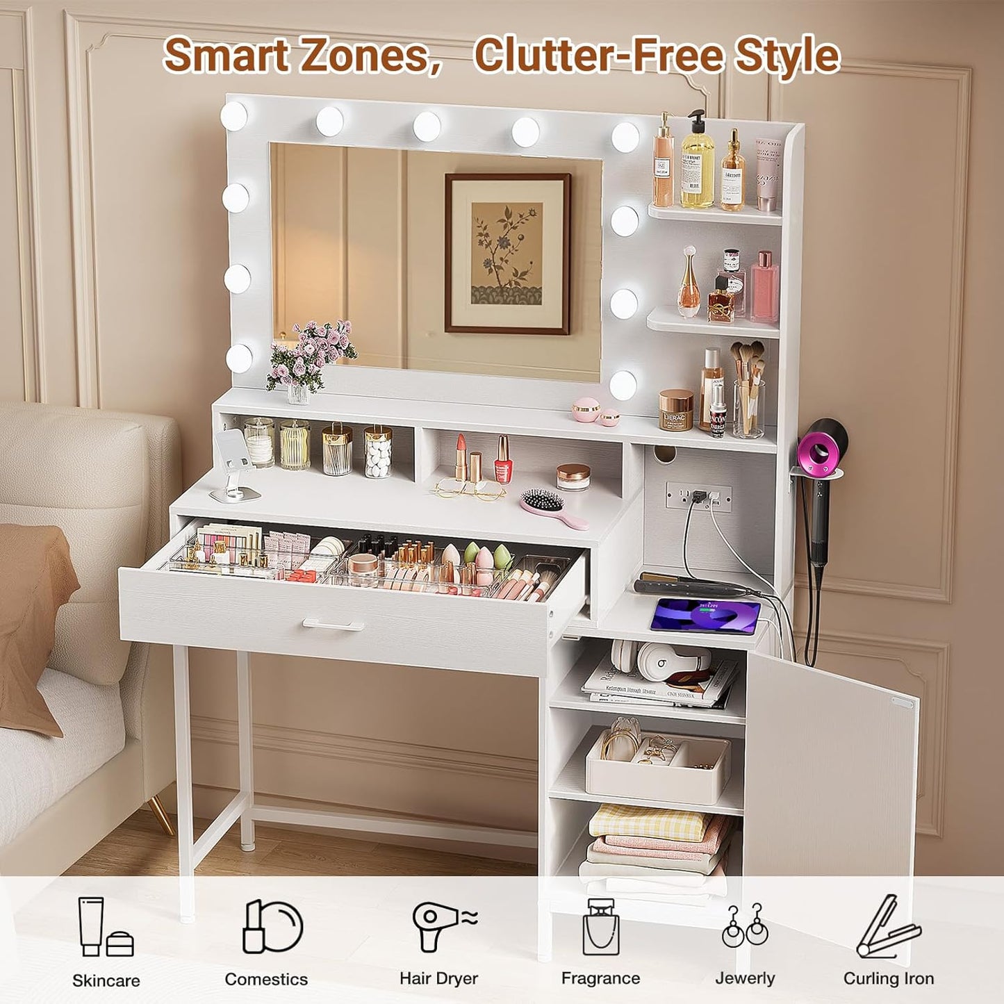 Vanity Desk with Mirror and Lights, Makeup Vanity with Storage Drawer, Power Outlet and Large Cabinet for Bedroom - White