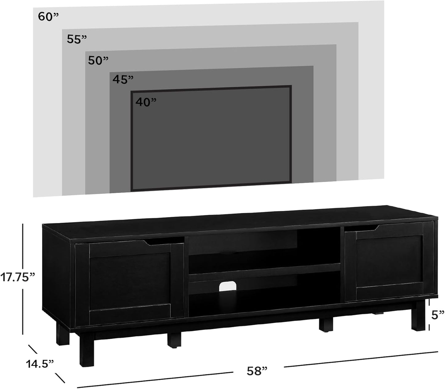 Tage Modern Pull-Open Door Low TV Stand for Tvs up to 65 Inches, 58 Inch, Solid Black