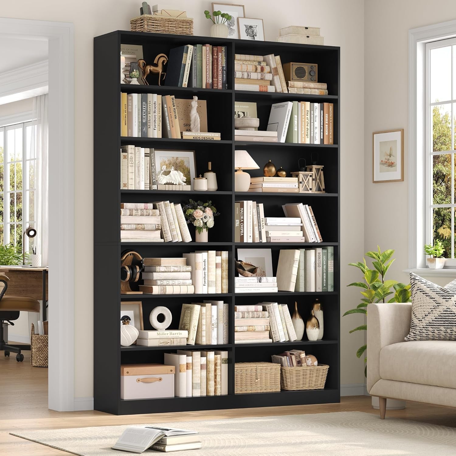 83.6" Tall Bookshelf and Bookcase, 7-Tier Extra Large Bookshelf with Double Storage, 14 Open Display Shelves for Home Office, Study and Living Room, Black