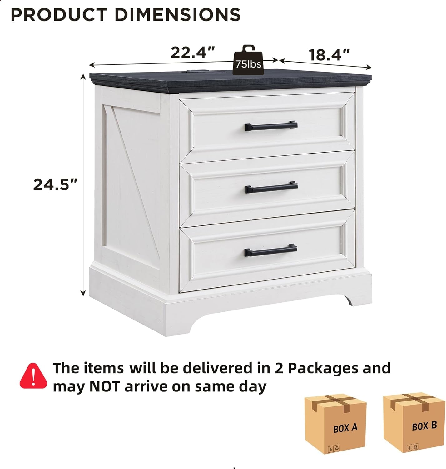 Farmhouse Nightstands Set of 2, 22 Inch Wide End Table with Charging Station & 3 Large Drawers, Rustic Wood Small Dresser Chest of Drawers for Bedroom, Living Room, off White