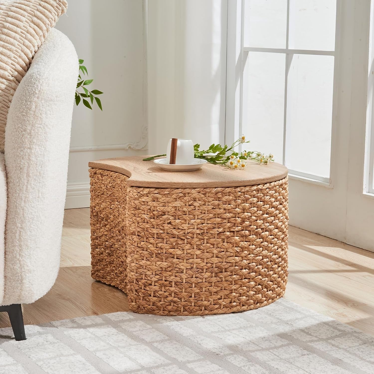 Round Nesting Coffee Table Set of 2 with Storage - Handwoven Wicker Rattan Ottoman Style, Boho Coastal Coffee Tables for Living Room, Rattan Coffee Table with Cover & Soild Wood Frame