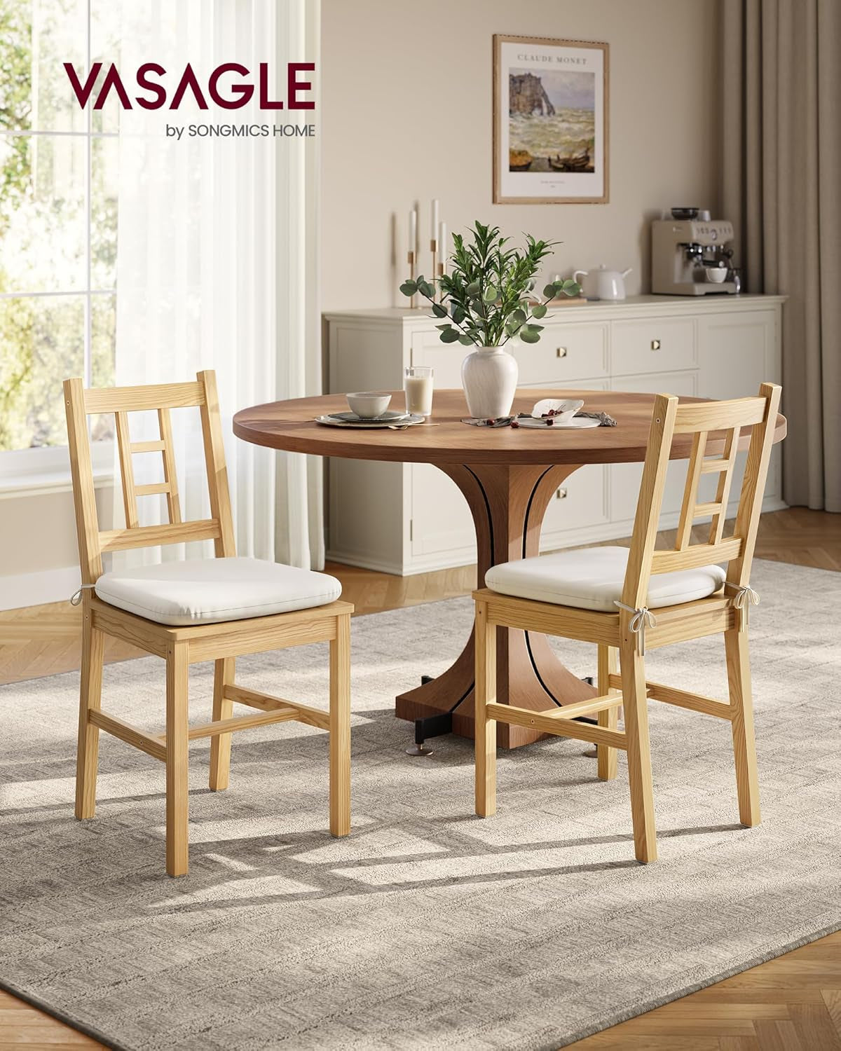 Wooden Dining Chairs, Set of 2, Kitchen and Dining Room Chairs, Removable Cushion, Curved Back, Each Supports 264 Lb, Golden Oak UKDC150N01