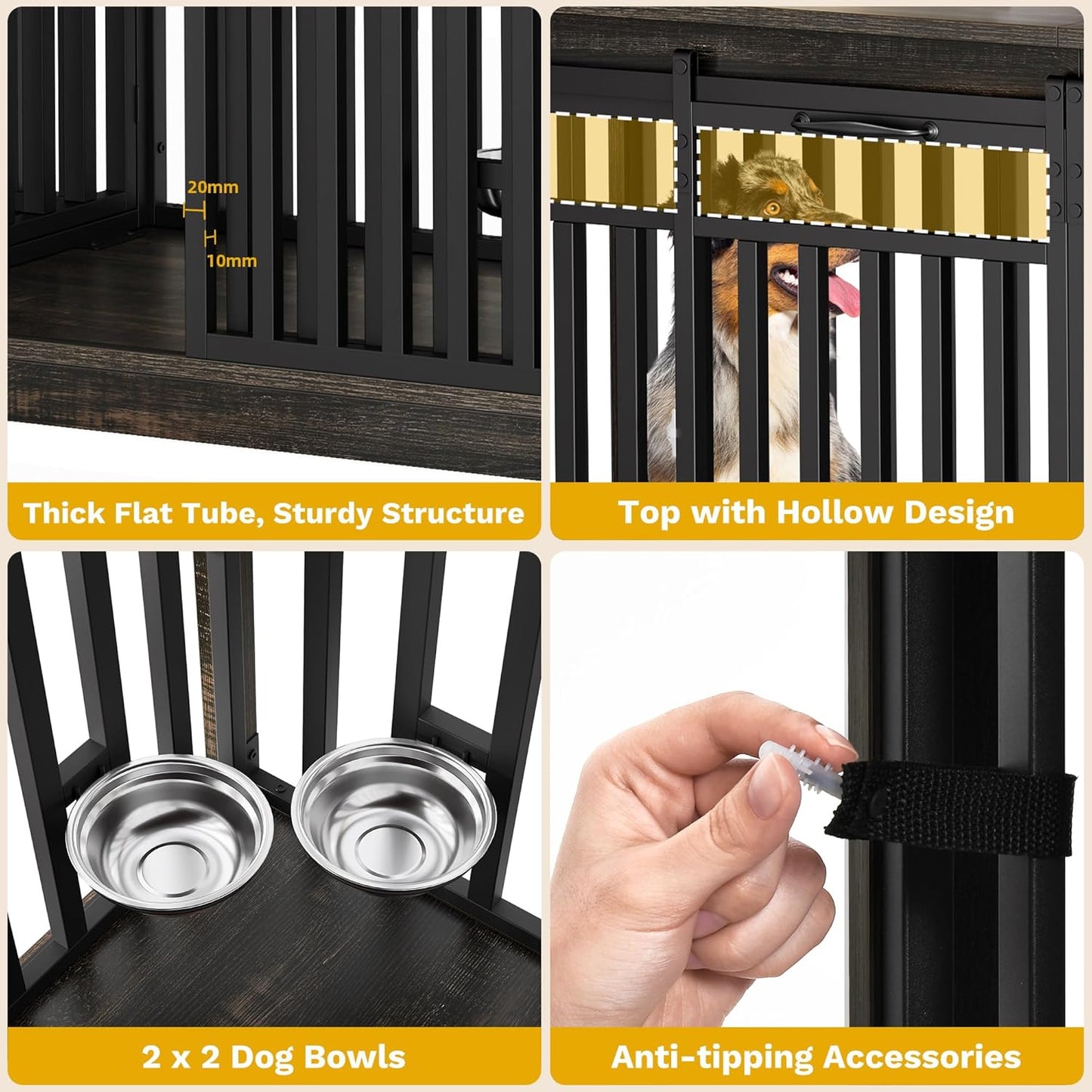 71" Double Dog Crate Furniture for 2 Medium Dogs, Heavy Duty Wood Dual Dog Kennel TV Stand with Sliding Doors, Decorative Wooden 2 Dog Cage Table with Dog Bowls for Extra Large Dogs Black Oak