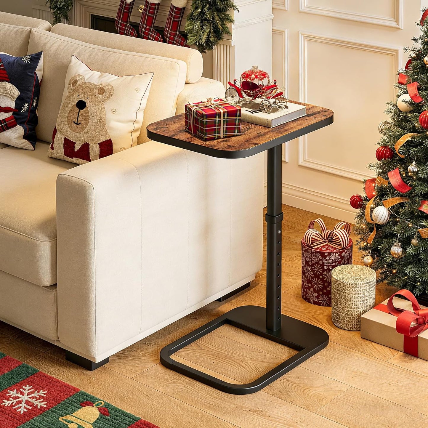 TV Tray Table, Adjustable Height & Flip-Top & Rounded Metal Corners, Snack Table for Couch, Sofa, Bed, Chair, Living Room, C Shaped End Side Table for Eating, Dinner or Laptop, Small Spaces