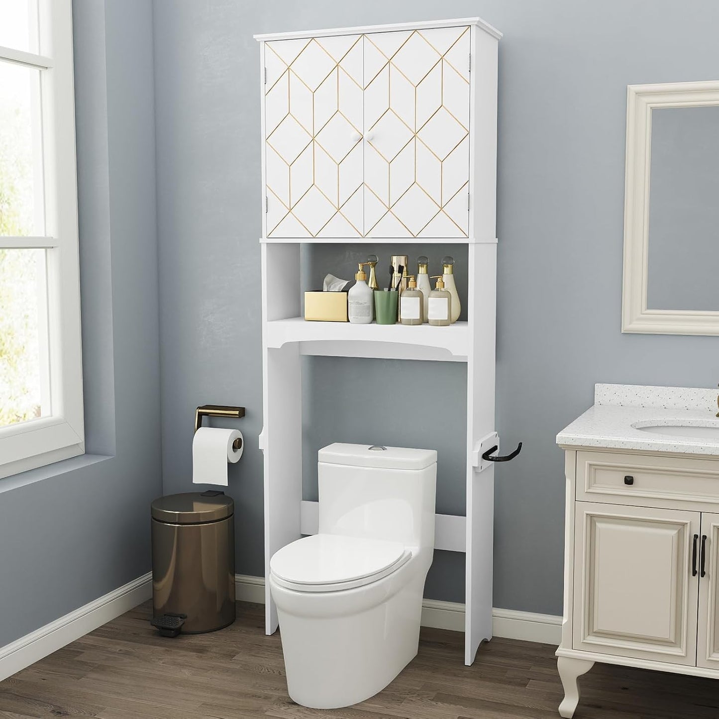 over the Toilet Storage Cabinet with Gold Trim,Modern Bathroom Cabinet over Toilet with Adjustable Shelves and Toilet Paper Holder,Over Toilet Organizer Space Saver for Bathroom (White)