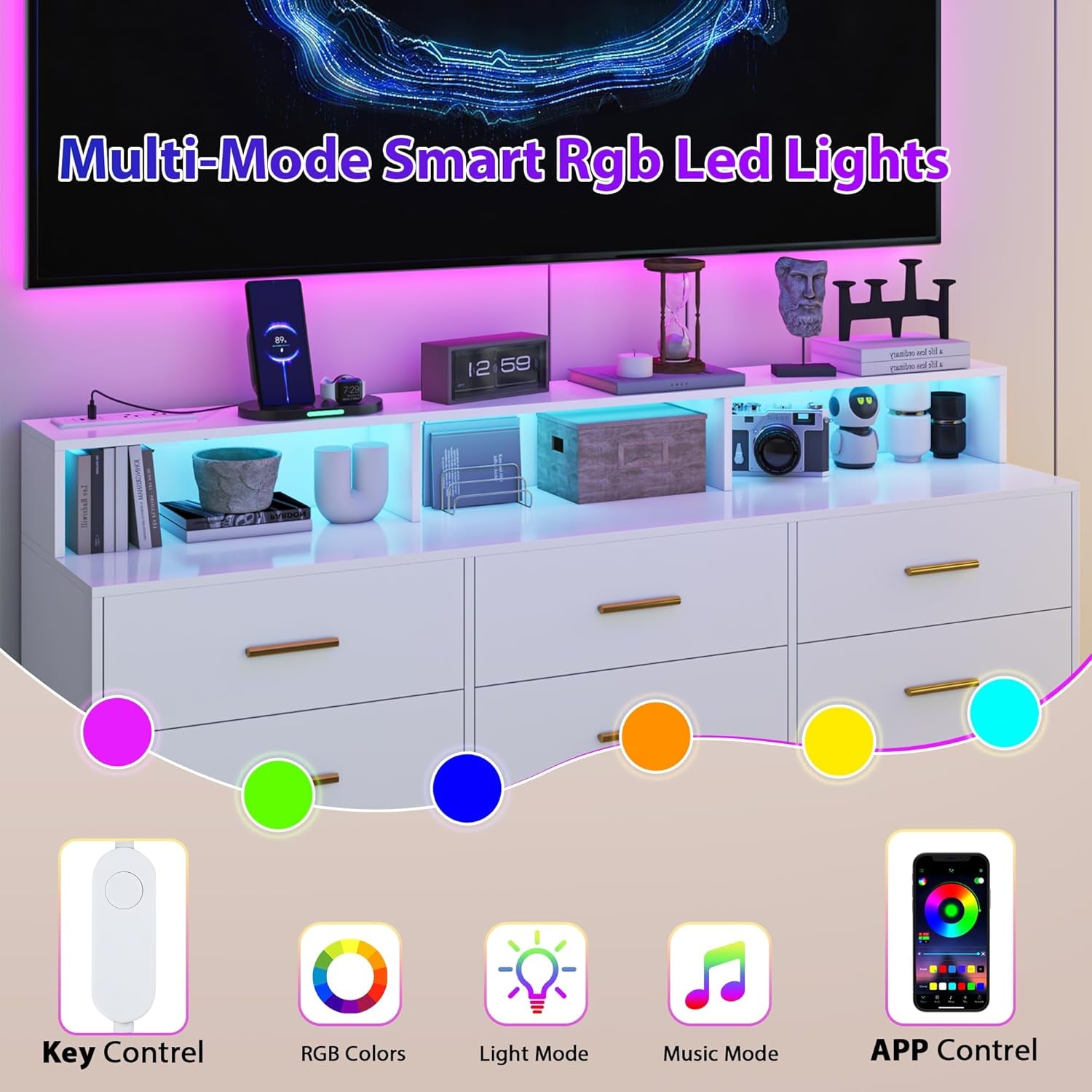 White 9 Drawer Dressers for Bedroom, Modern Large Dresser with LED Light and Power Outlet, Wooden Long Dresser for Bedroom, Entryway, Hallway