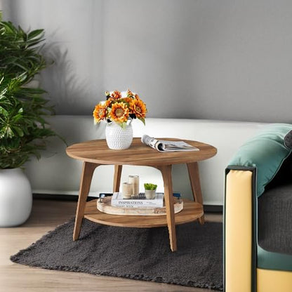 MAEZO Collection - round Coffee Table, 2-Tier Center Table with Storage, Tapered Legs, Curved Transitions, 31.5 Dia. X 17.7 H Inches, Easy Assembly, for Living Room, Honey Brown ULCT243K41