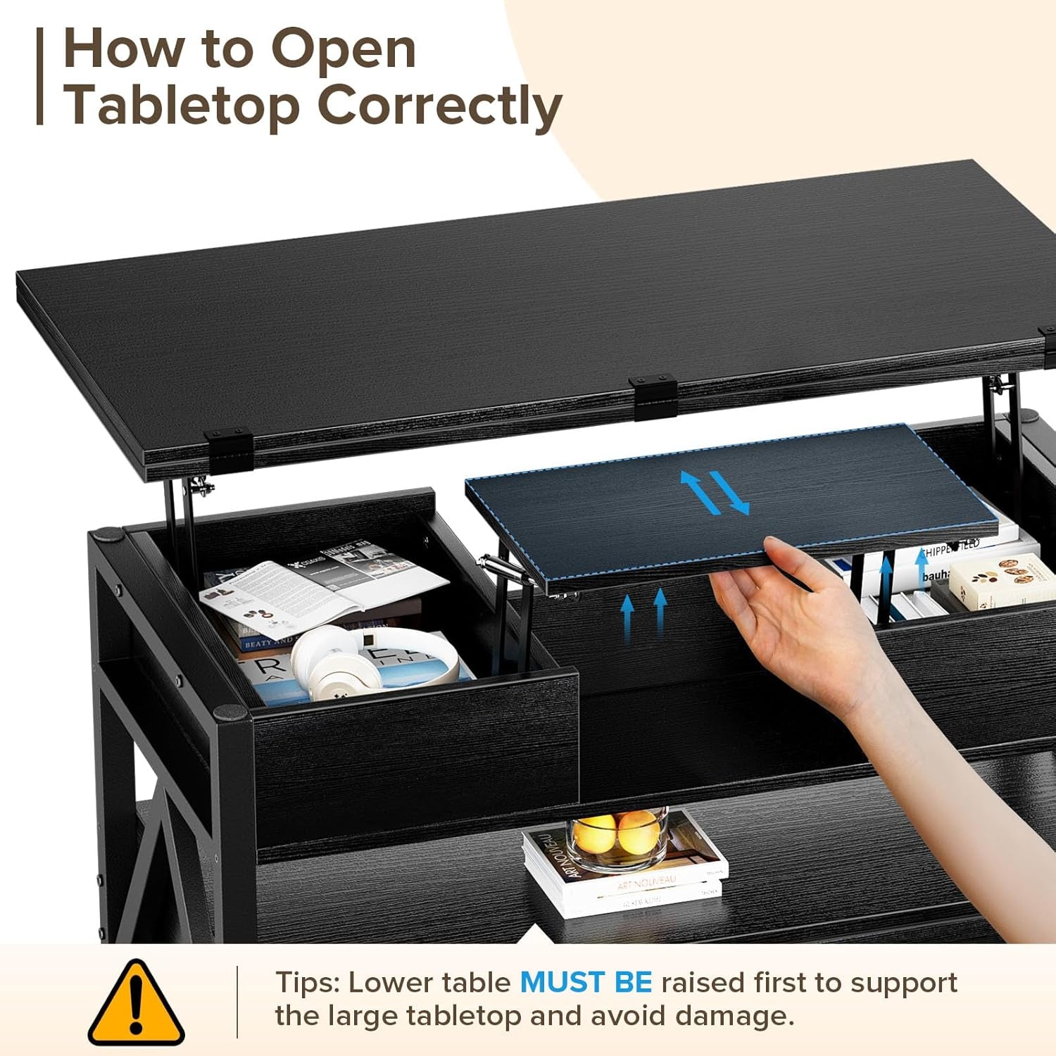 40" Lift Top Coffee Table,4 in 1 Multi-Function Lift Coffee Tables with Storage Drawers and Hidden Compartmen,Farmhouse Coffee Table with Lifting Top for Living Room,Black