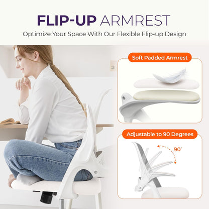 Office Desk Gaming Ergonomic Computer Chair with Lumbar Back Support Adjustable Height Swivel Rolling Wheels Flip-Up Arms Mesh Chair for Home Vanity (Ivory)