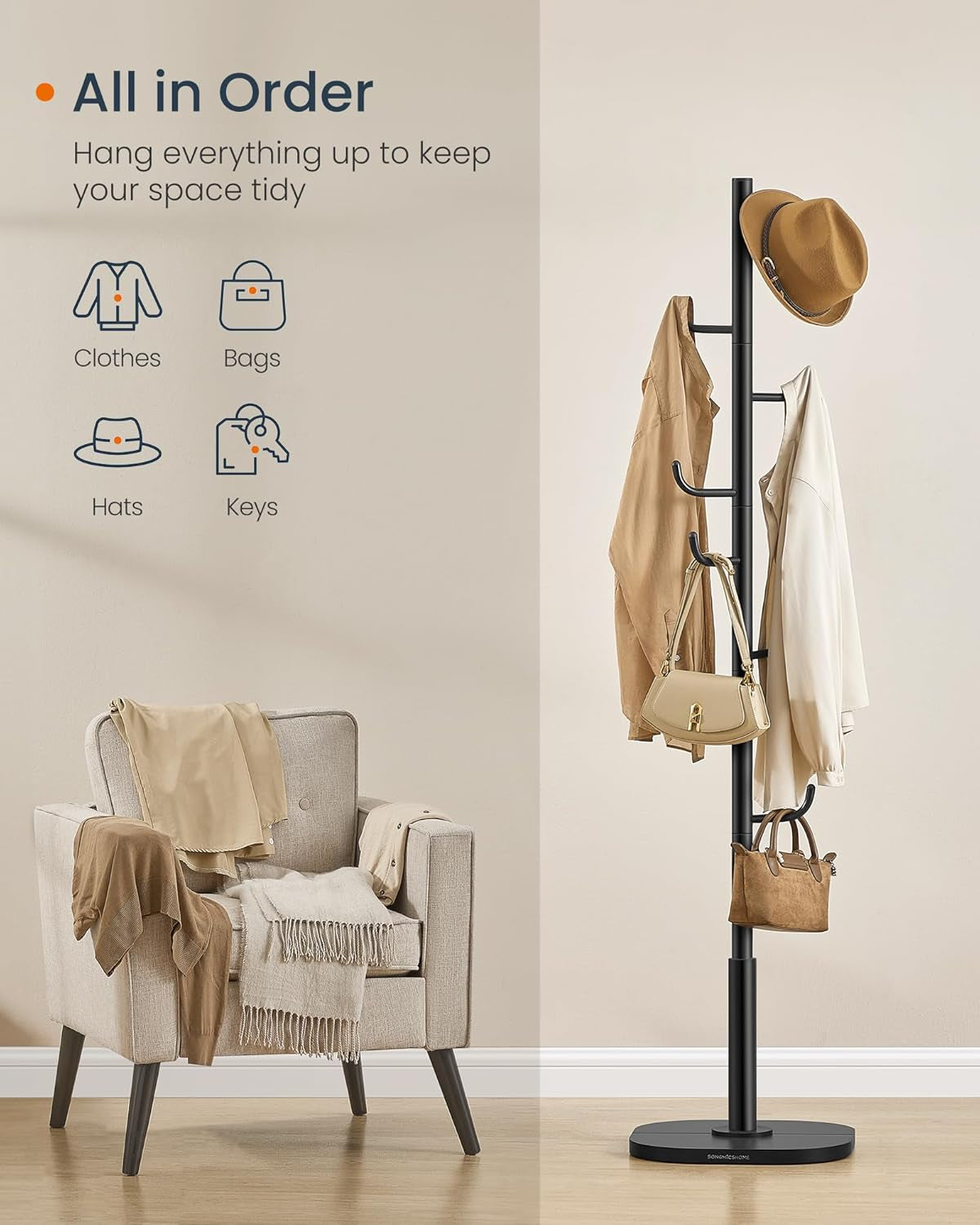 Cactus-Shaped Coat Rack, Freestanding Coat Tree, Coat Hanger Stand with 8 Sturdy Hooks, with Curved Ends, for Clothes, Hats, Bags, Ink Black URCR039B01