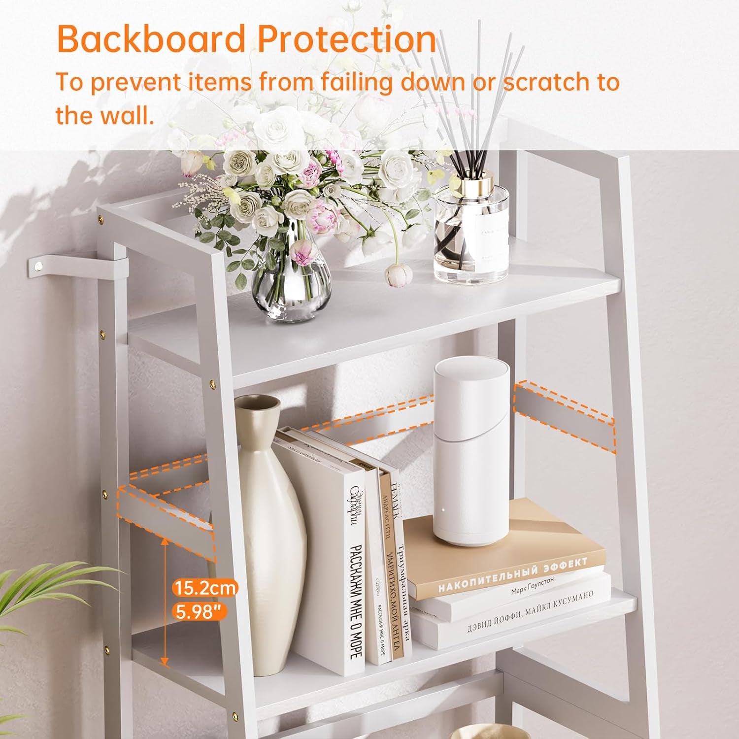 Ladder Shelf, 4 Tier Bookshelf, Floor Standing Bathroom Storage Rack with Bamboo Frame, Home Office Open Display Bookcase, White