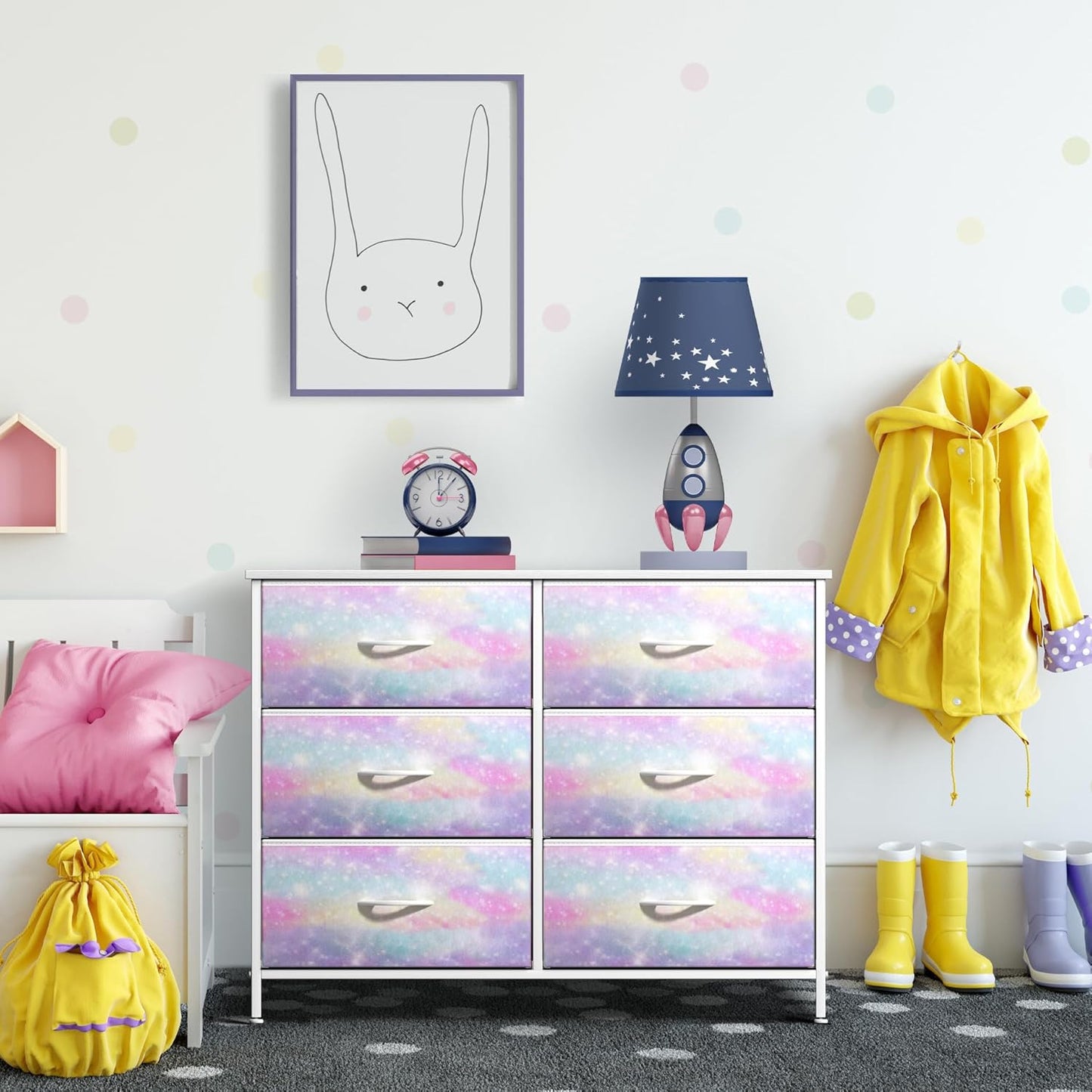 Kids Dresser with 6 Drawers - Storage Chest Organizer Nightstand - Steel Frame, Wood Top, Tie-Dye Fabric Bins for Clothes - Wide Furniture for Bedroom, Hallway, Nursery, Closet, & Apartment