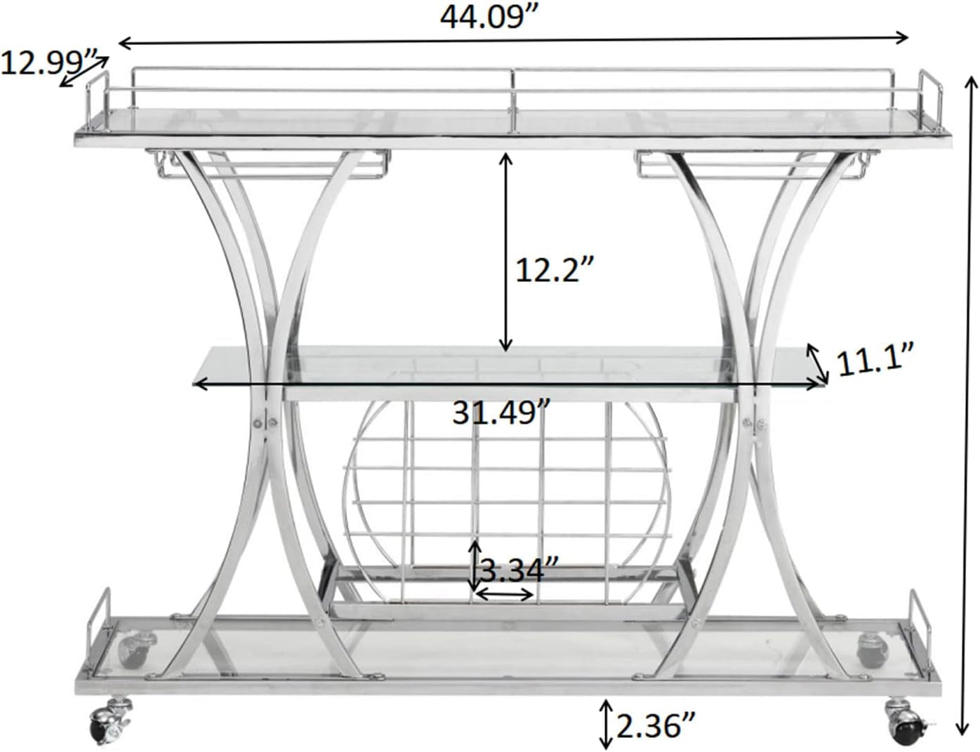 Silver Bar Carts with Glass Holders & Wine Rack,3 Tier Home Bar Serving Carts with Glass Shelves,Metal Rolling Bar Carts for the Home Kitchen, Party
