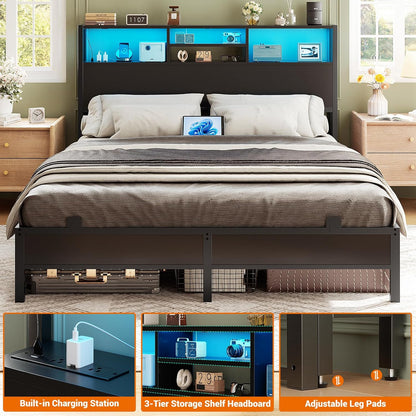 Headboard for Queen Size Bed with Storage, Headboards with Outlets, USB Ports and LED Light, Queen Size Head Board Only, Height Adjustable, Reversible, Sturdy and Stable Headboard, Black