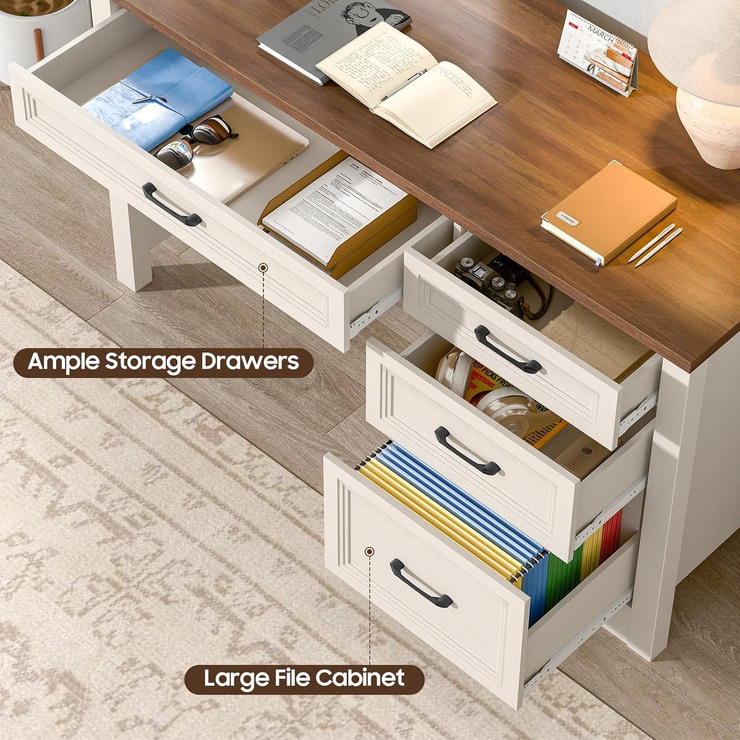 Farmhouse Executive Desk with Storage and Ample File Drawer, Rustic Large Home Writing Desk for Bedroom, White