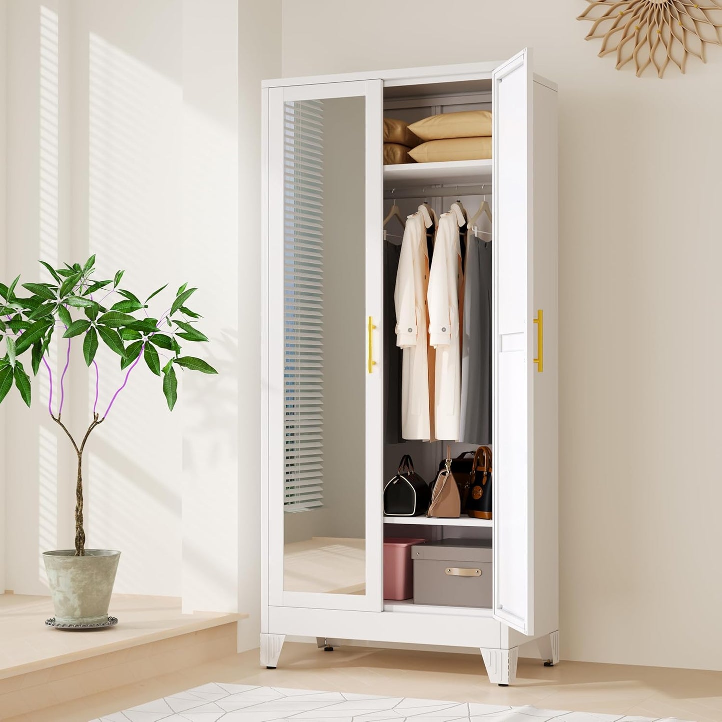 71" H Metal Armoire Wardrobe Closet with Mirror, Adjustable Shelve, Clothes Drying Pole, Steel Wardrobe Cabinet for Bedroom (White)