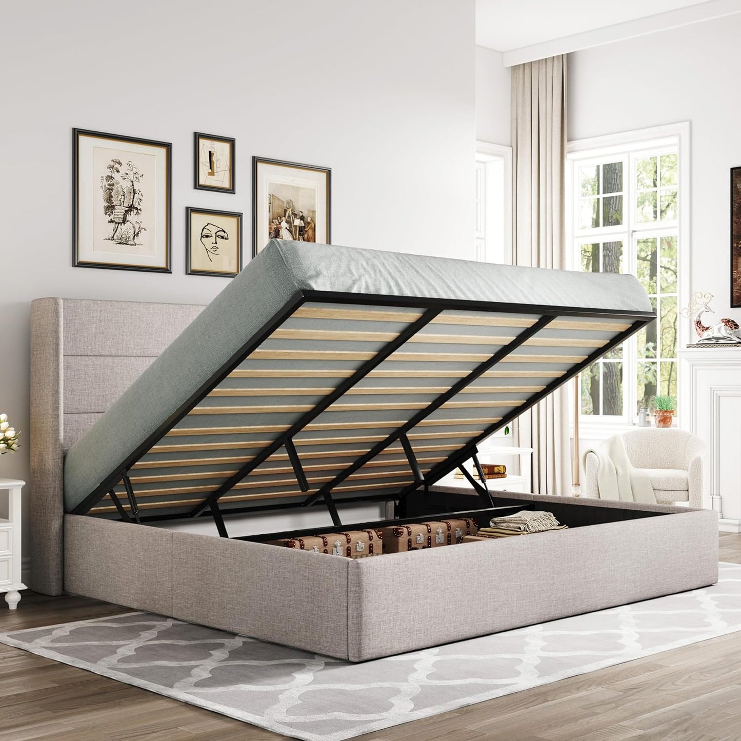 King Size Lift up Storage Bed, Modern Wingback Headboard, Hydraulic Support, No Box Spring Needed, Light Beige