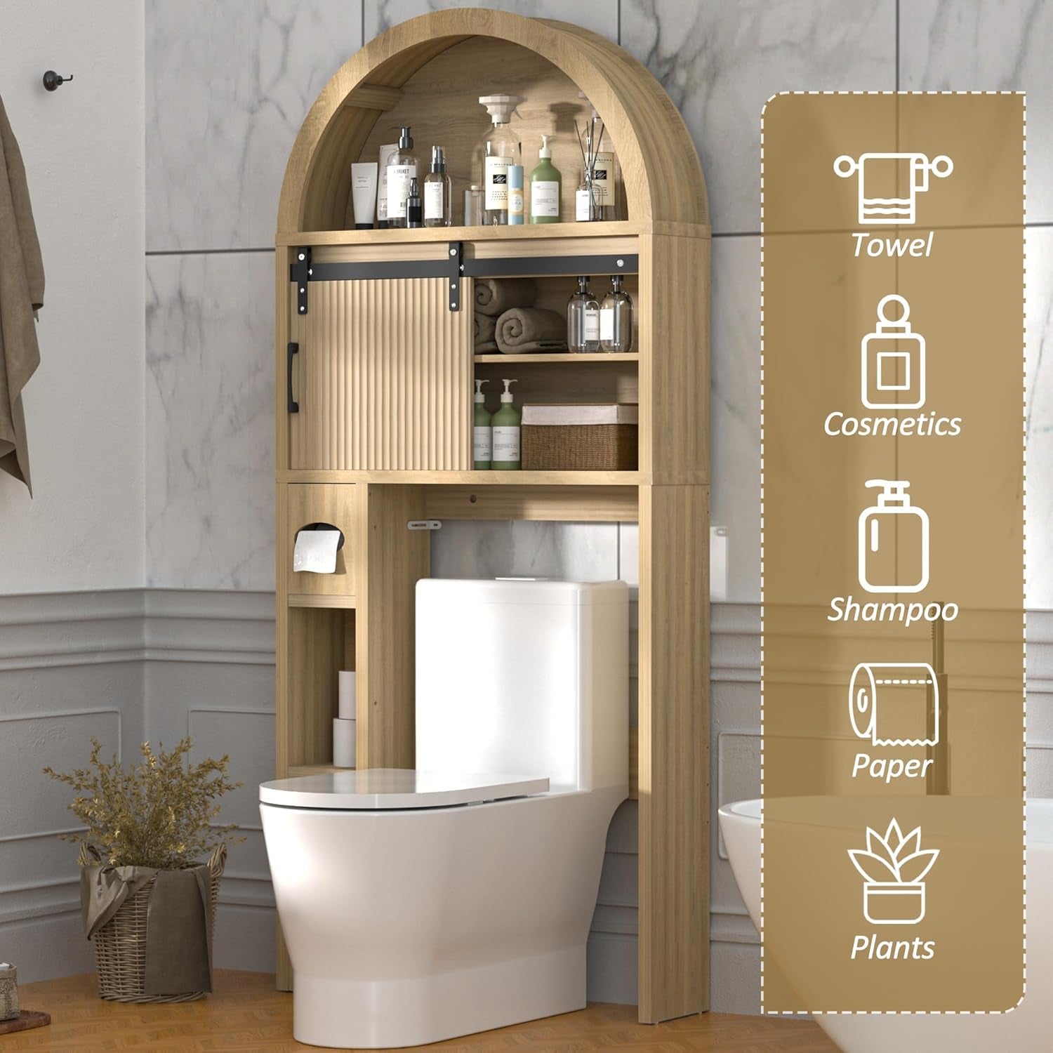 Over the Toilet Storage Cabinet, Bathroom Organizer over Toilet with Sliding Doors, Arched Storage Organizer Cabinet with Anti-Tip Device and Adjustable Shelf for Bathroom, Natural