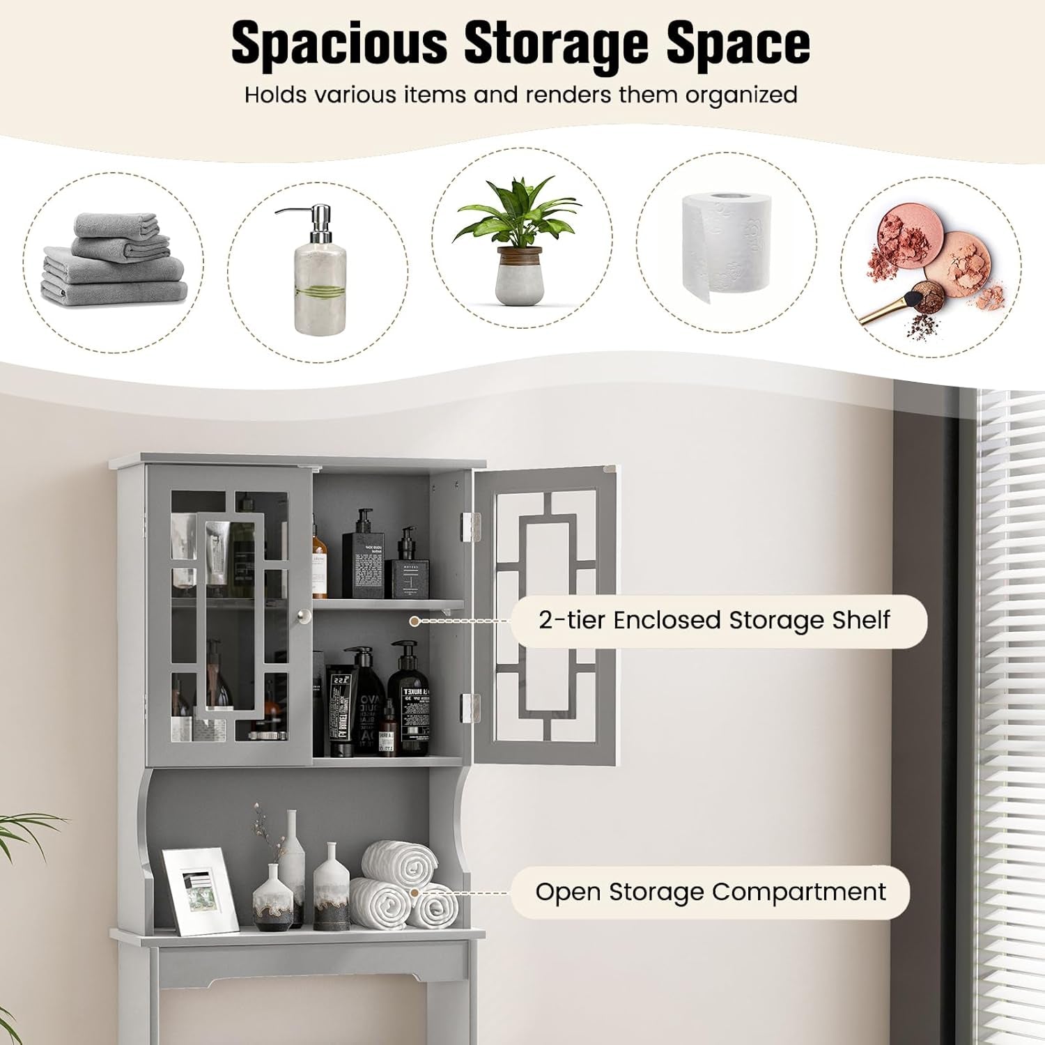 over the Toilet Storage Cabinet, Bathroom Shelf over Toilet, Double Door Bathroom Storage Cabinet Organizer with Adjustable Shelf, Open Shelf (Grey)