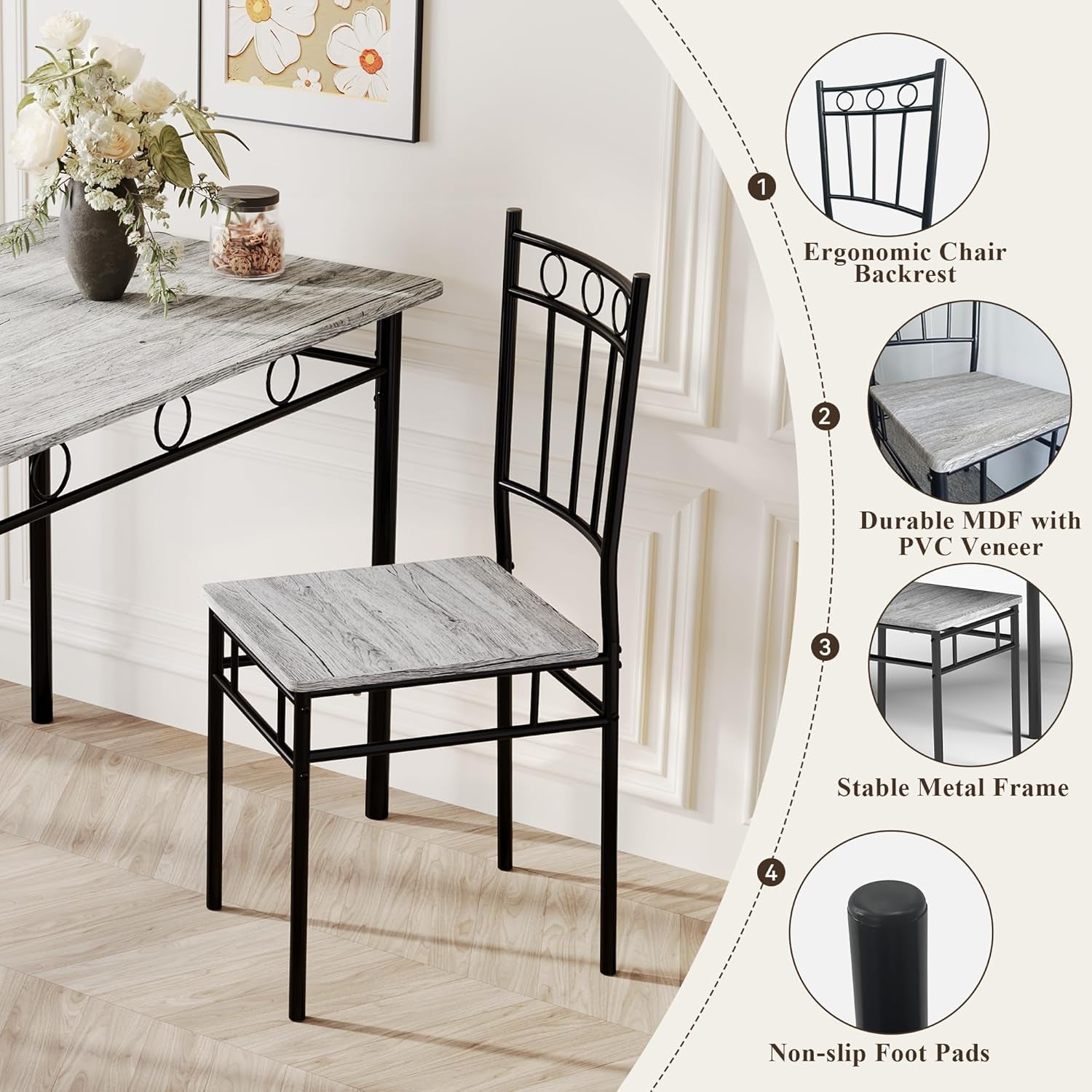 5 Piece Dining Table Set with 1.6" Thick Desktop, Modern Metal&Wood Kitchen Dinner Table with 4 Chairs, Dining Room Table Sets for Small Spaces, Black